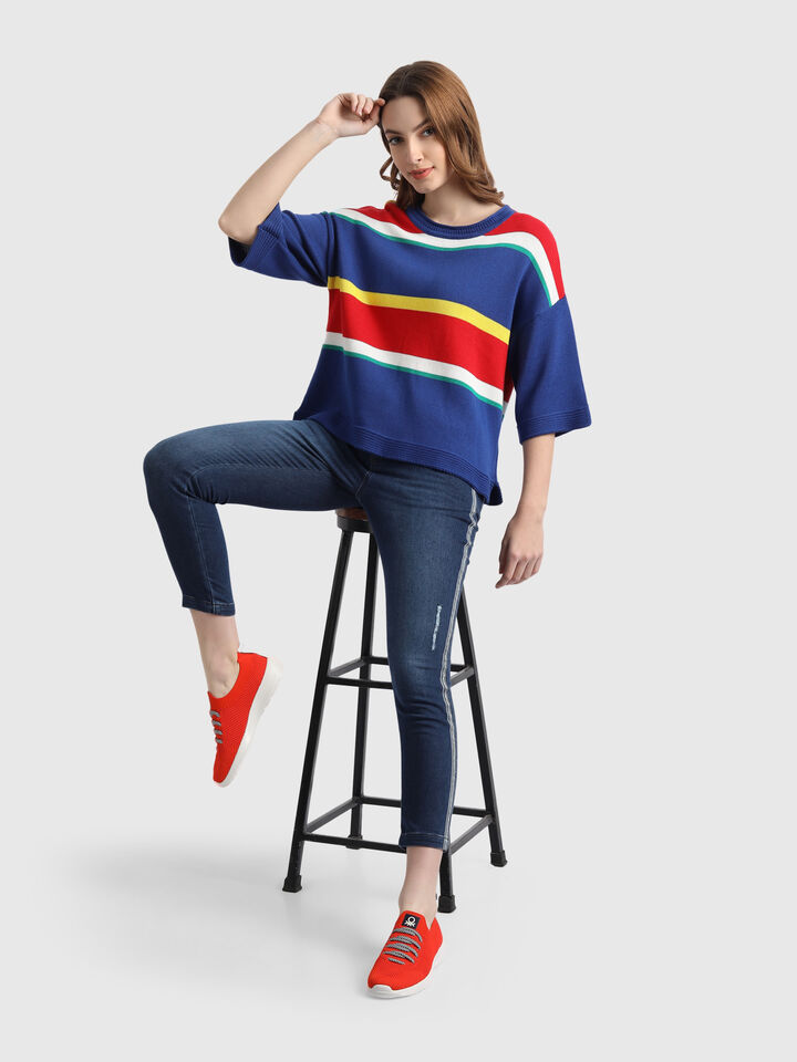 Stripe Tricot Sweater with Flared Sleeves image number 4